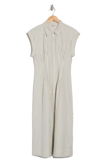 Mila Mae Pleated Midi Shirtdress In Cream Navy Stripe