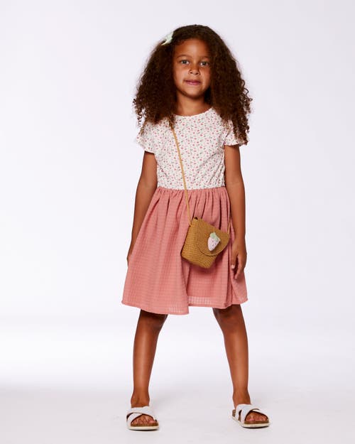 Deux Par Deux Little Girl's Bi-material Dress With Printed Top Small Flowers And Pink In Small Flowers And Pink