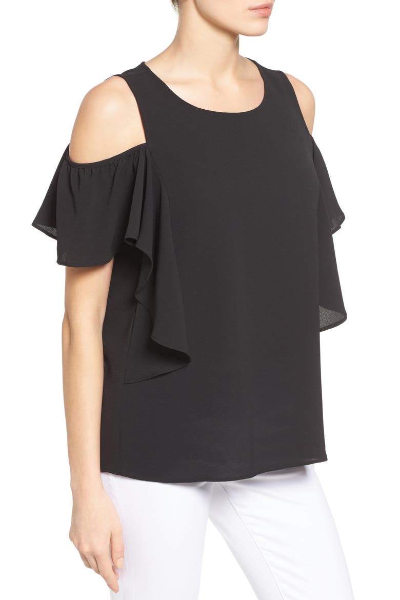 Cold Shoulder Ruffle Sleeve Top, Alternate, color, BLACK