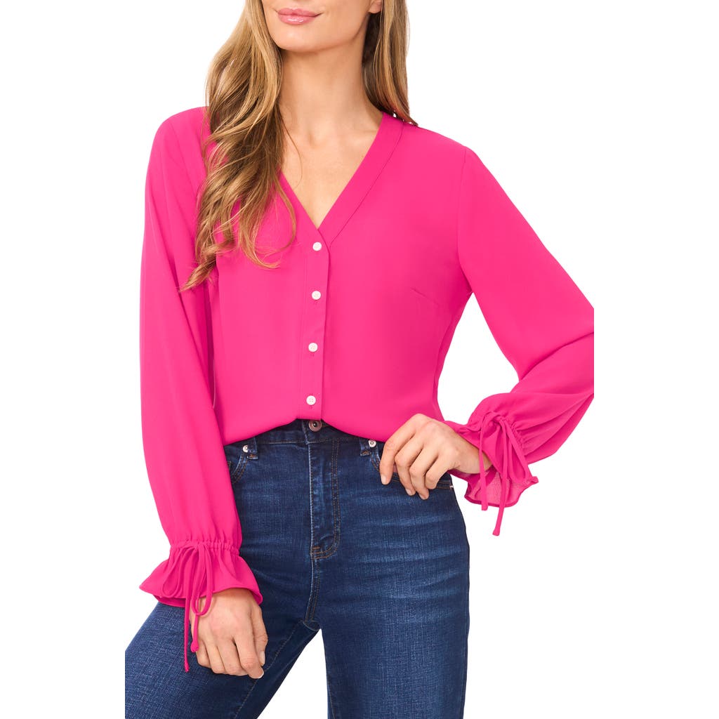 Cece Tie Cuff Button-up Top In Pink