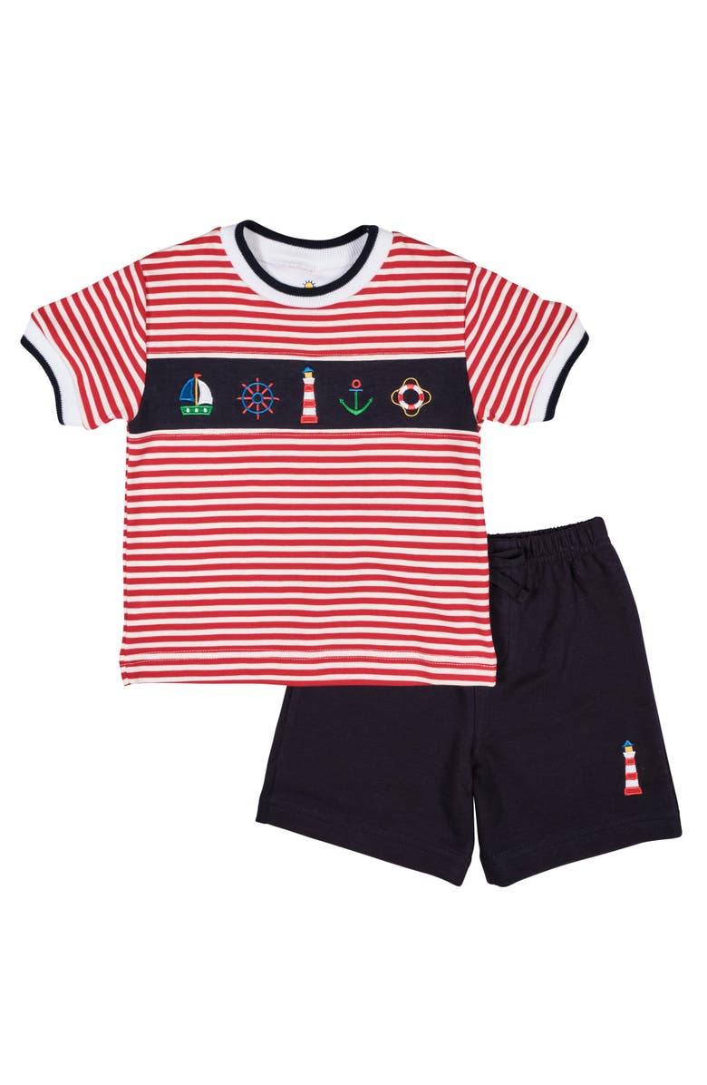 Florence Eiseman Knit Short Set With Nautical Applique, Main, color, Red/Navy