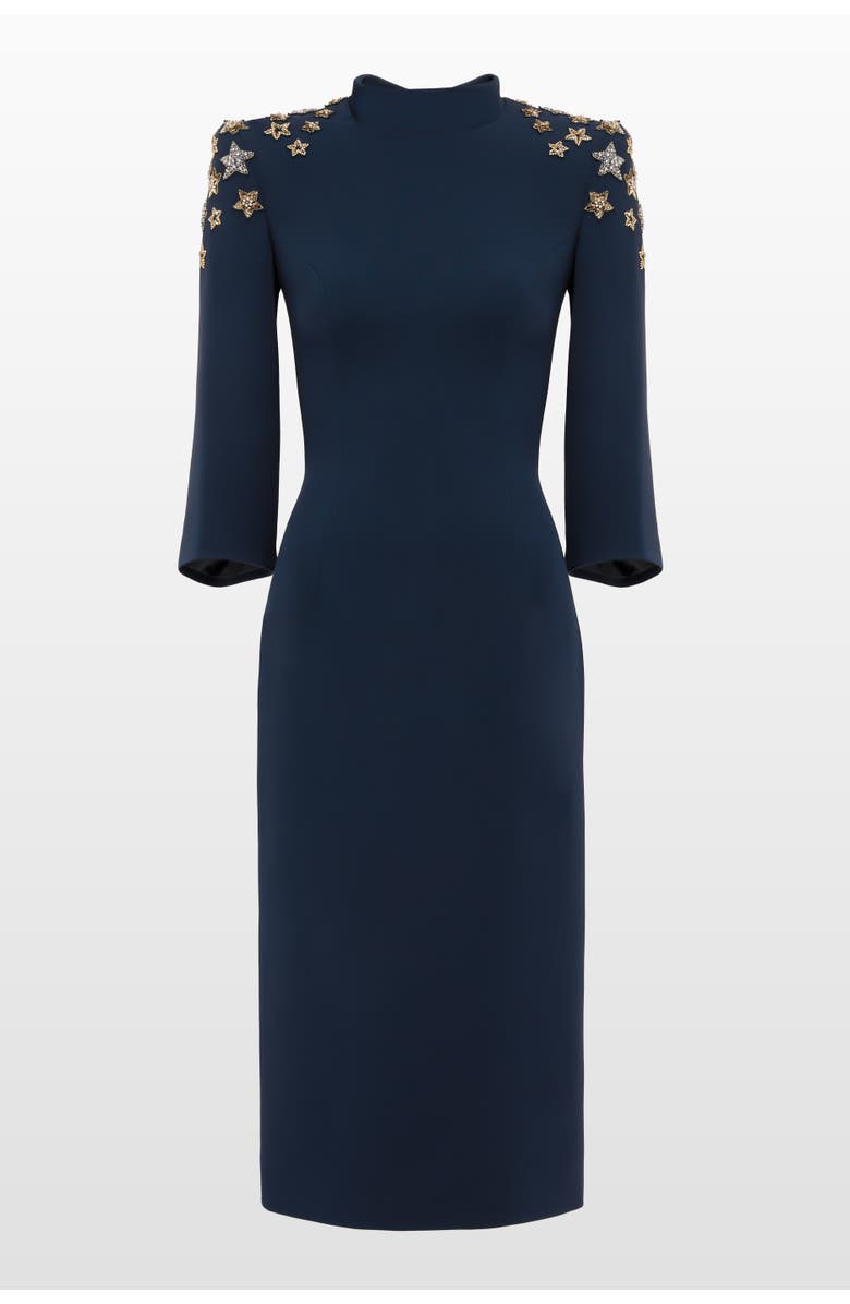 Jenny Packham Stella Star-embellished Mock-neck Midi Dress, Main, color, Blackthorne Blue