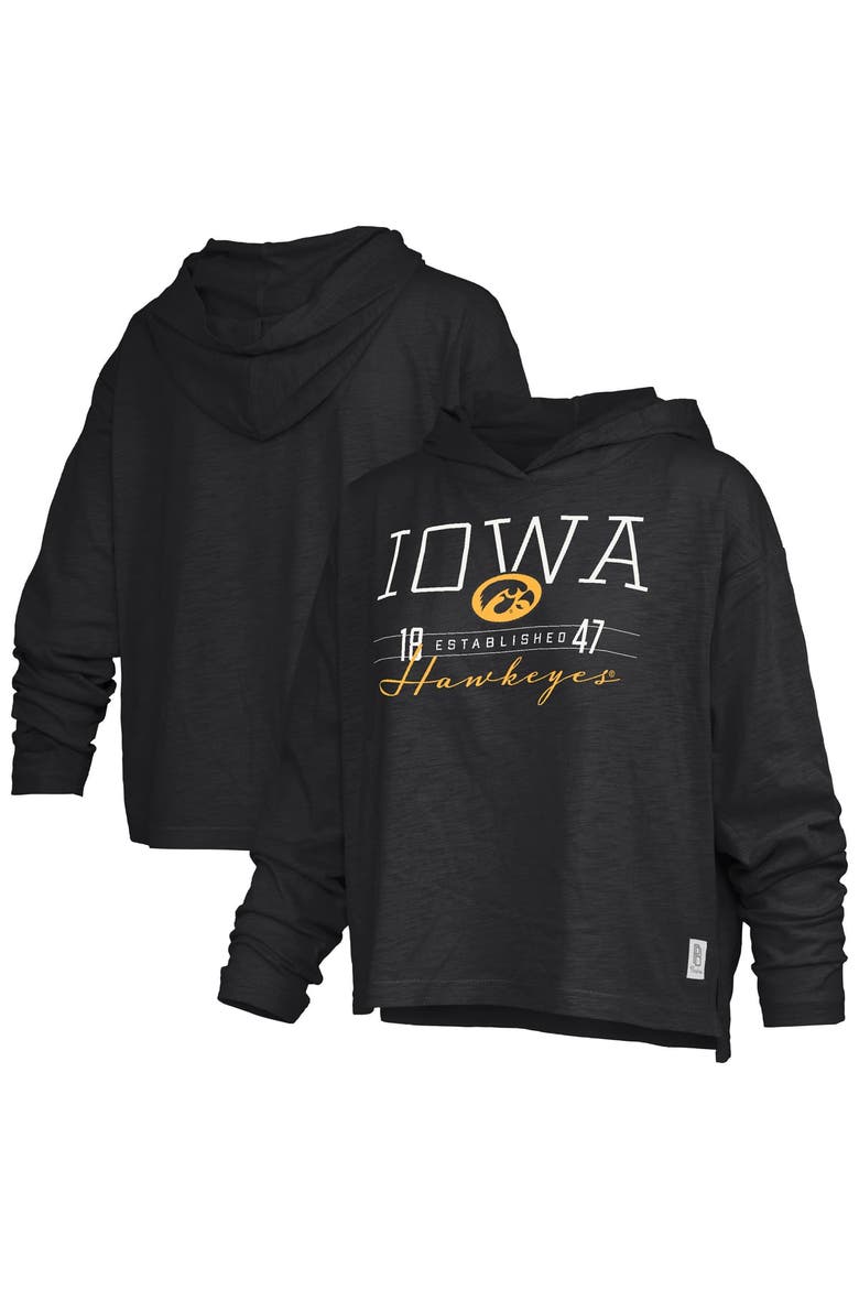 Women's Pressbox  Black Iowa Hawkeyes Castillo Slub Waist Length Long Sleeve Hooded T-Shirt, Main, color, Black