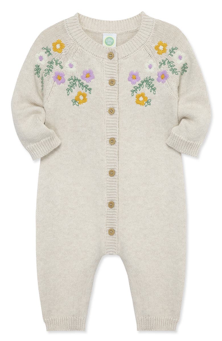 Little Me Garland Embroidered Cotton Sweater Romper, Alternate, color, Oatmeal