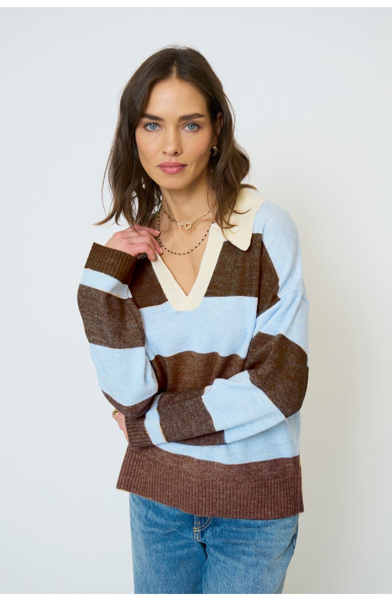 Central Park West Marley Striped Rugby Sweater, Main, color, Blue Chocolate