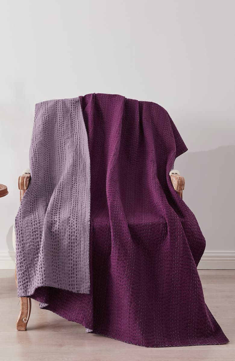 MELANGE HOME Kantha Reversible Cotton Throw Blanket, Alternate, color, Fig And Violet