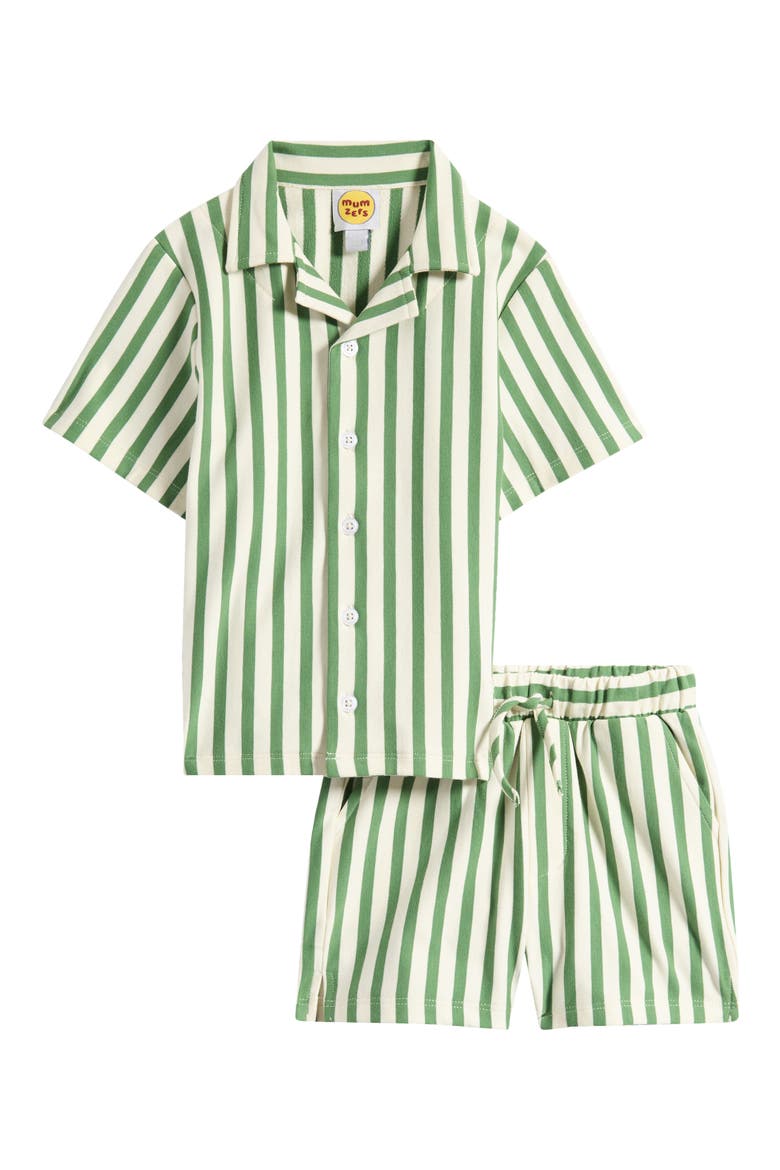 Kids' Stripe Knit Cotton Camp Shirt & Drawstring Shorts Set, Main, color, GREEN