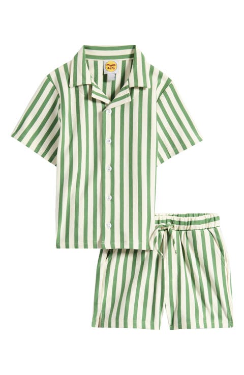 Kids' Stripe Knit Cotton Camp Shirt & Drawstring Shorts Set (Toddler)