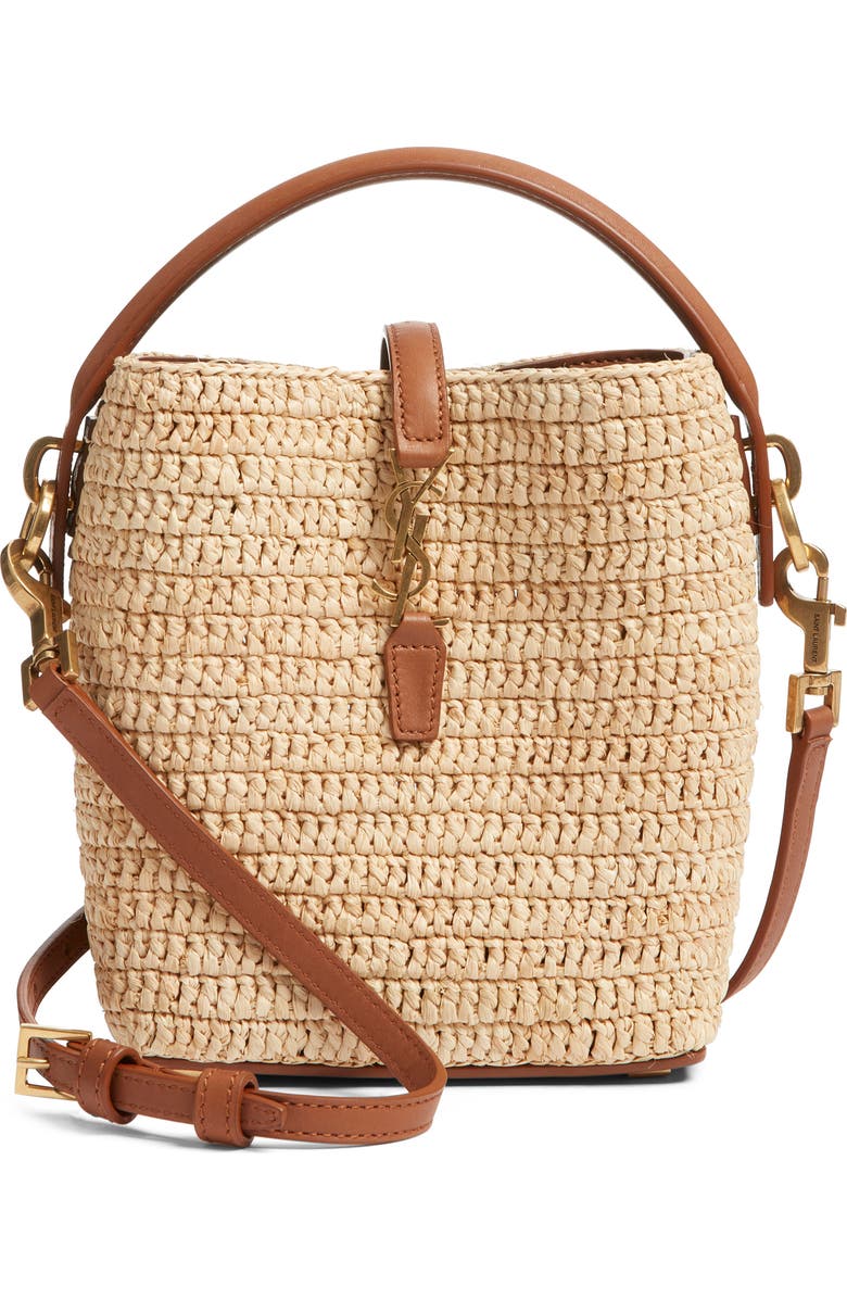 Saint Laurent Mini Le 37 Raffia Bucket Bag, Main, color, Naturel/ Brick