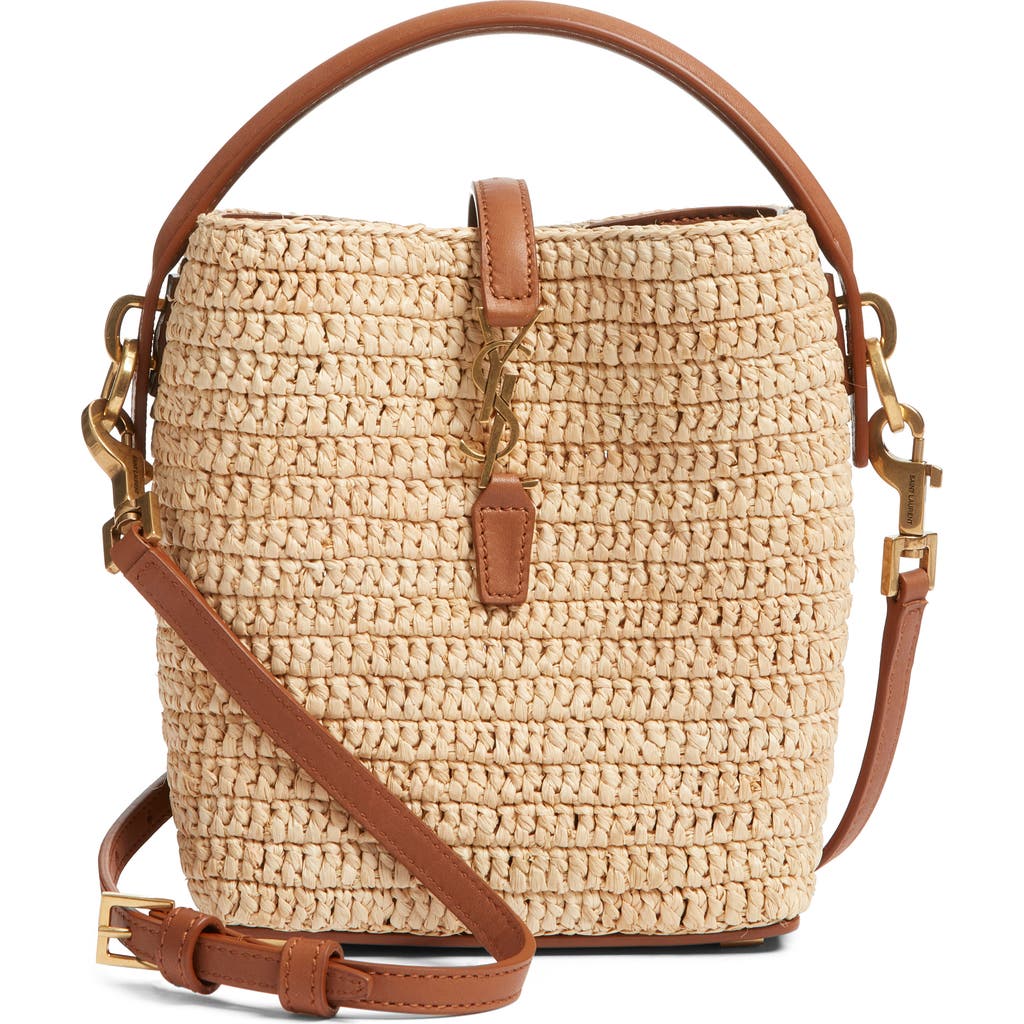 Saint Laurent Le 37 Mini Leather-trimmed Raffia Bucket Bag In Brown
