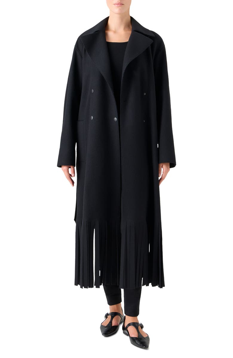 Akris punto Fringe Hem Wool Blend Belted Coat, Main, color, Black