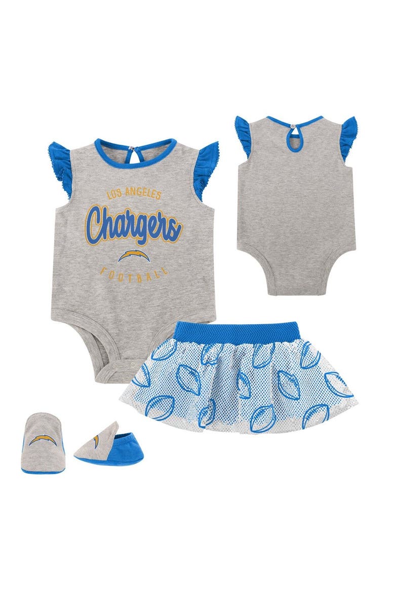 Outerstuff Newborn Heather Gray/Powder Blue Los Angeles Chargers All Dolled Up Three-Piece Bodysuit, Skirt & Booties Set, Main, color, 