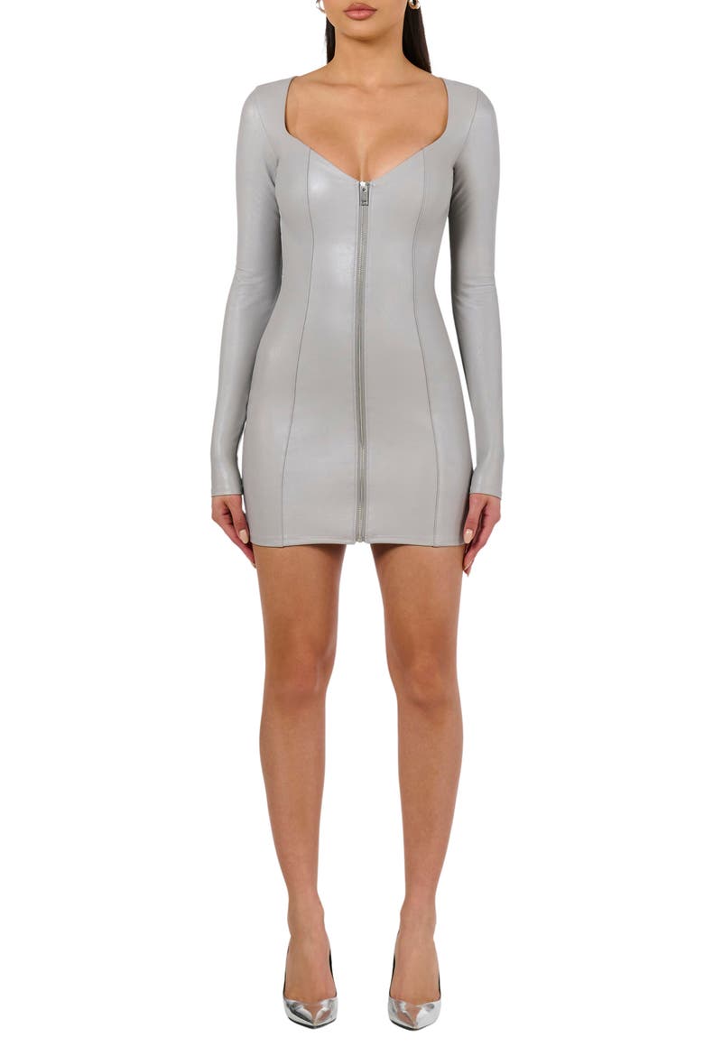 Long Sleeve Zip-Up Faux Leather Minidress, Main, color, LIGHT GREY