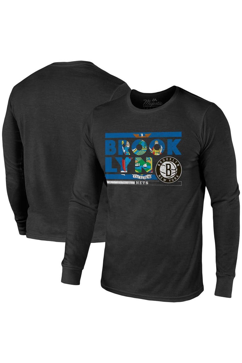 Men's Majestic Threads Black Brooklyn Nets City and State Tri-Blend Long Sleeve T-Shirt, Main, color, Black
