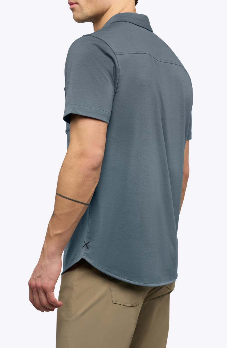 Cuts AO Curved Hem Short Sleeve Button-Up Shirt, Alternate, color, Ocean Storm