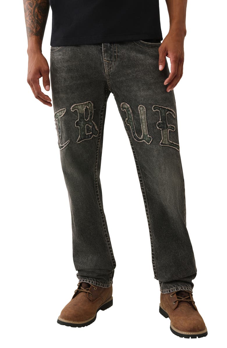 True Religion Ricky Logo Appliqué Straight Jeans, Main, color, Compass Trail Black Wash
