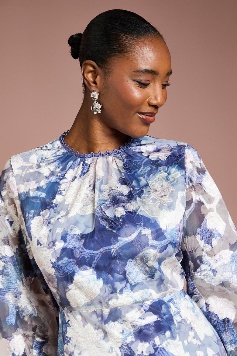 Printed Volume Fit And Flare Dress, Alternate, color, Navy