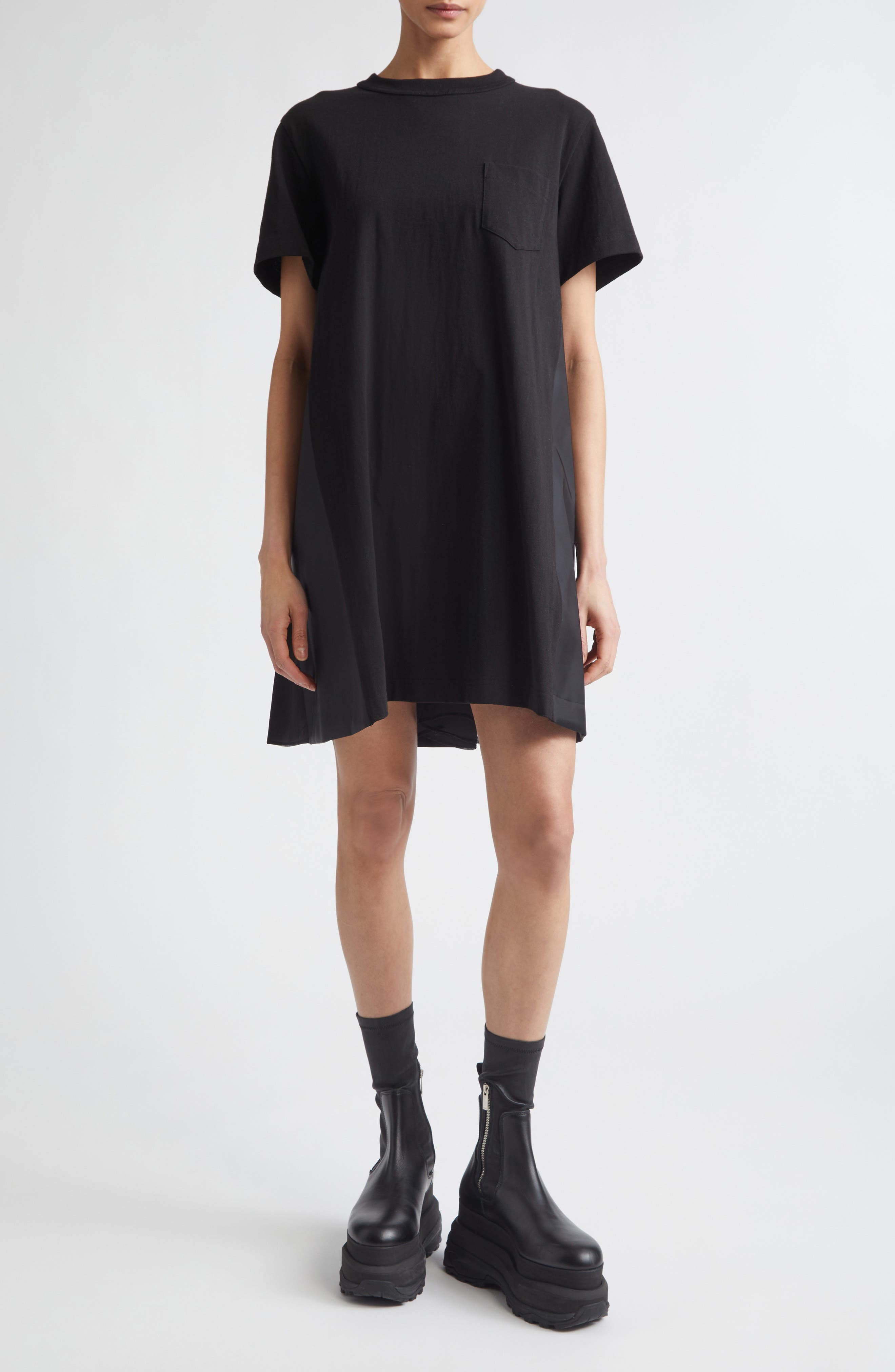 Sacai Mixed Media Long Sleeve Wool Suiting & Knit Sweater Dress