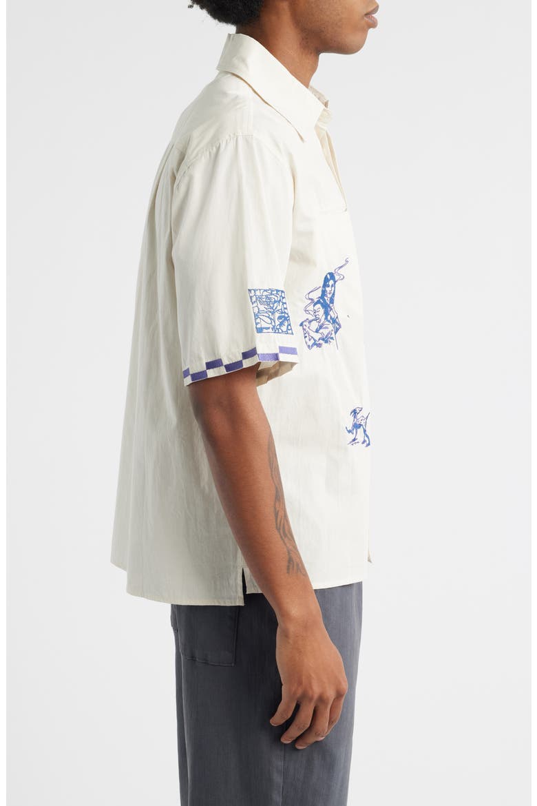 Live Life with Ease Embroidered Short Sleeve Poplin Button-Up Shirt, Alternate, color, BIRCH