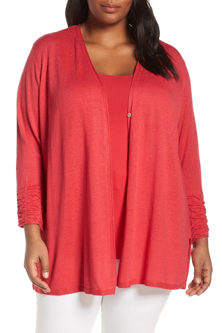 Ruched Sleeve Linen Blend Cardigan, Main, color, COSMO RED