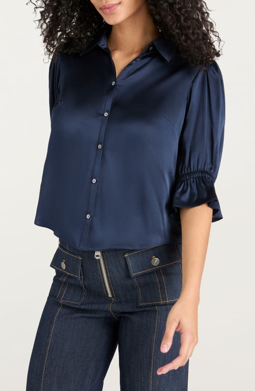 Cinq À Sept Fiona Ruffle Cuff Silk Button-up Shirt In Blue