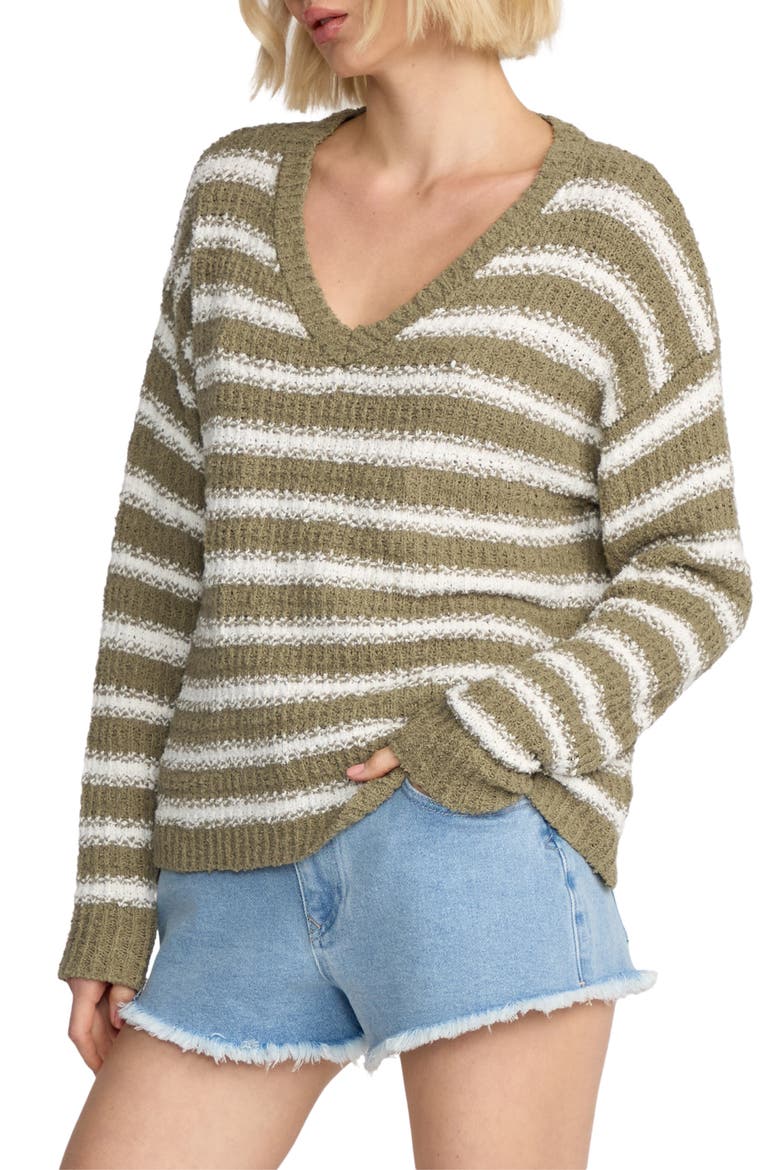 Stripe V-Neck Sweater, Alternate, color, LIGHT ARMY