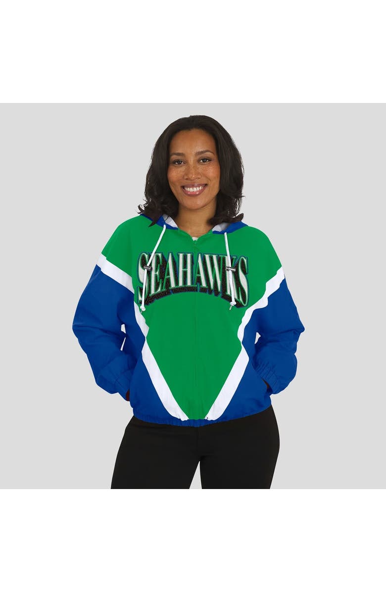 WEAR by Erin Andrews Women's WEAR by Erin Andrews Green/Royal Seattle Seahawks Retro Crinkle Full-Zip Hoodie Windbreaker, Alternate, color, Green