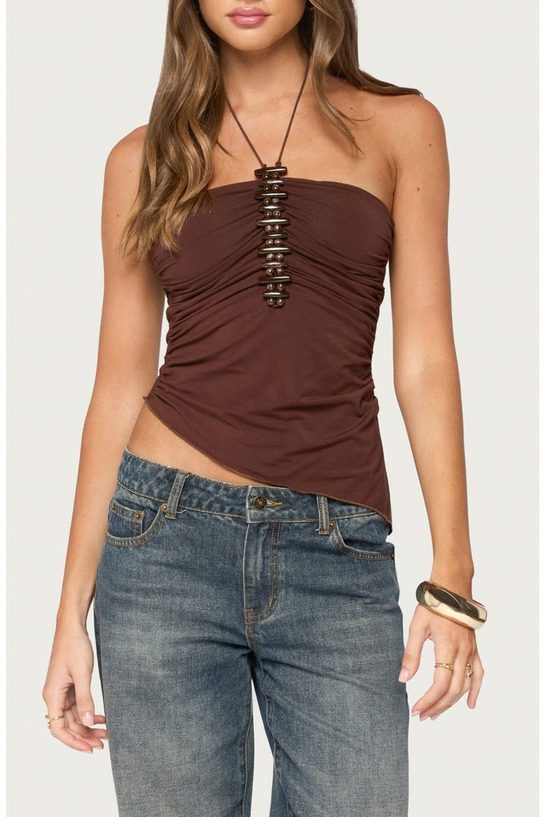 Calia Beaded Asymmetric Halter Top, Main, color, BROWN