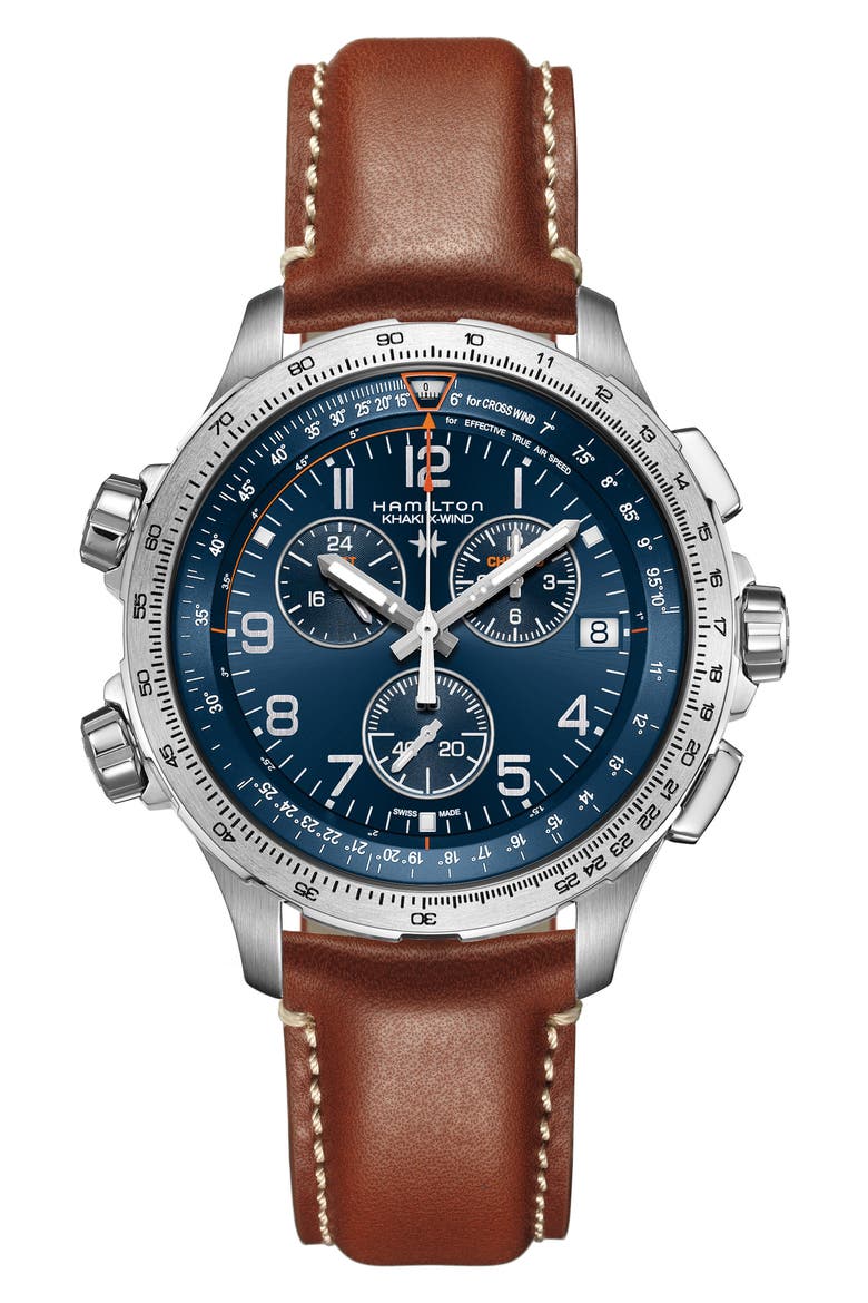 Khaki Aviation X-Wind Chronograph GMT Leather Strap Watch, 46mm, Main, color, BROWN/ BLUE/ SILVER