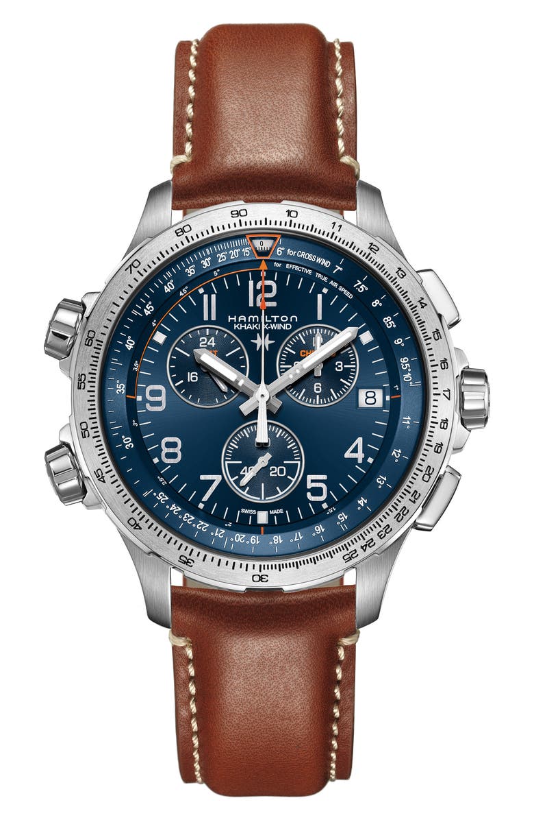 Hamilton Khaki Aviation X-Wind Chronograph GMT Leather Strap Watch, 46mm, Main, color, Brown/ Blue/ Silver