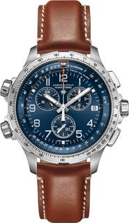 Hamilton Khaki Aviation X-Wind Chronograph GMT Leather Strap Watch, 46mm