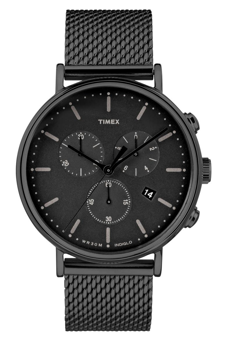 Fairfield Chronograph Mesh Strap Watch, 41mm, Main, color, BLACK