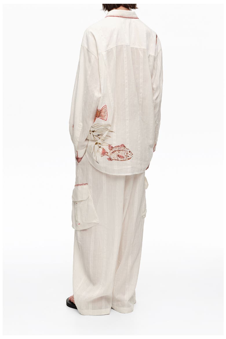 Barrel-Leg Cotton Trousers With Decorative Stitching, Alternate, color, IVORY