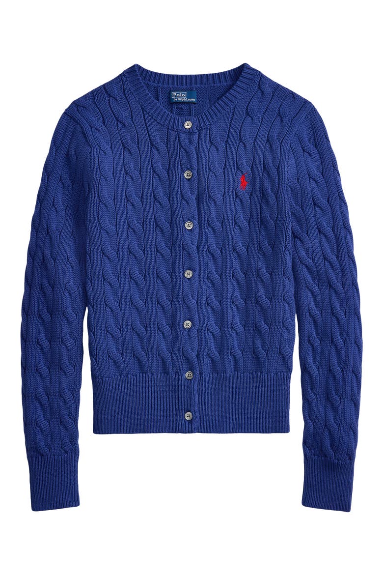 Cable Knit Cotton Crewneck Cardigan, Alternate, color, CHARTER BLUE