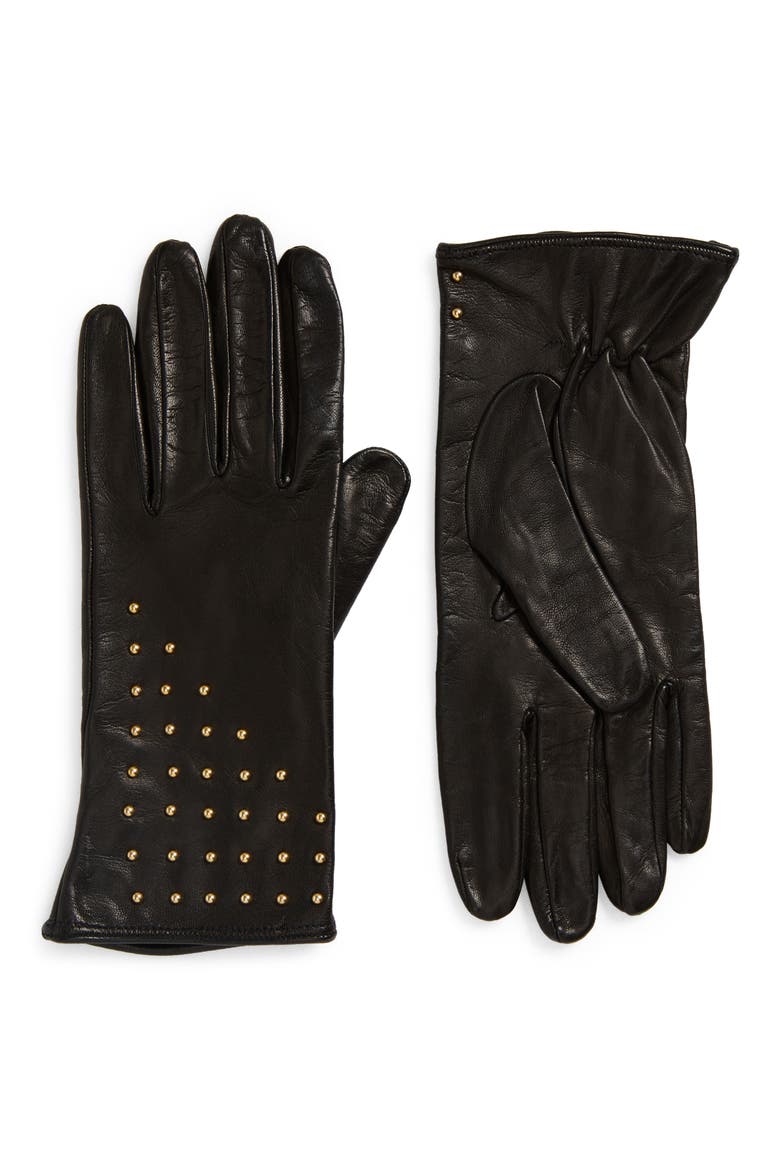 Winnie Wood Silk Lined Leather Gloves, Main, color, BLACK / GOLD