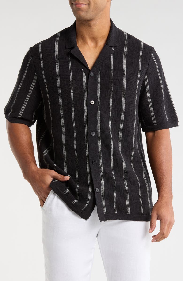 Tommy Bahama Santa Cruz Stripe Camp Shirt, Main, color, Black