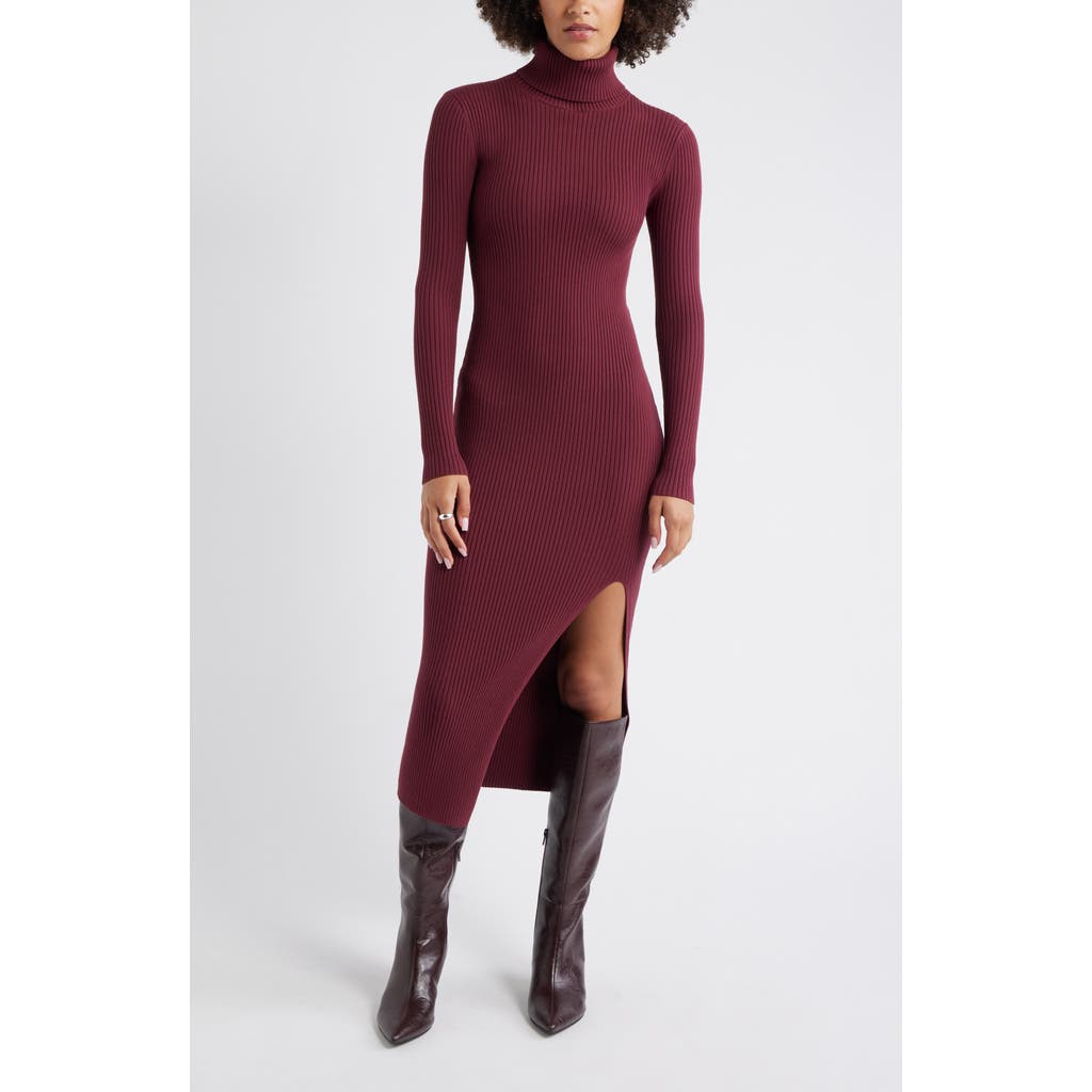 Open Edit Rib Long Sleeve Turtleneck Sweater Dress In Burgundy