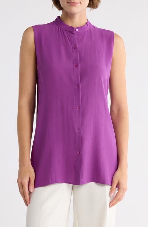 Band Collar Sleeveless Longline Silk Button-Up Shirt