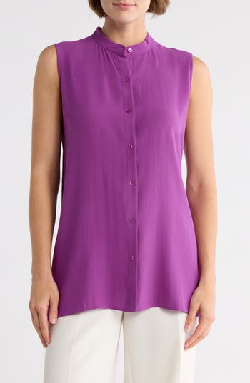 Eileen Fisher Band Collar Sleeveless Longline Silk Button-up Shirt
