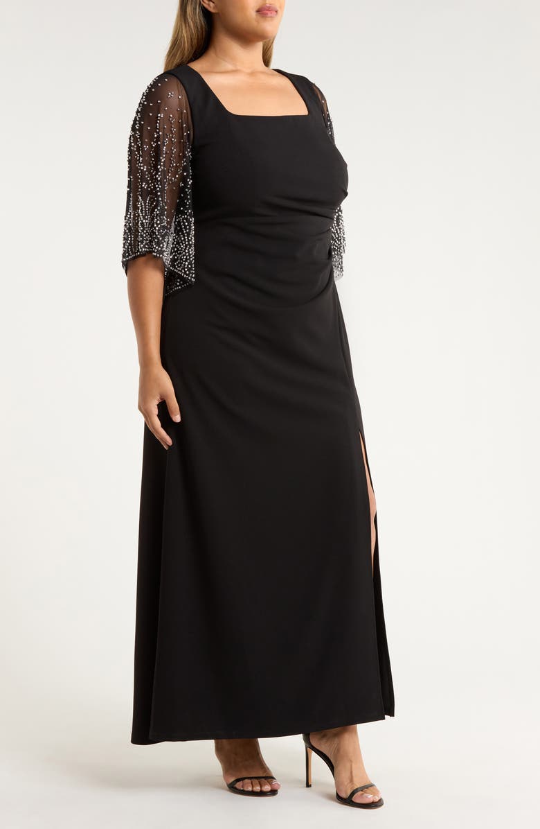 Alex Evenings Beaded Sleeve Stretch Crepe Gown, Alternate, color, Black