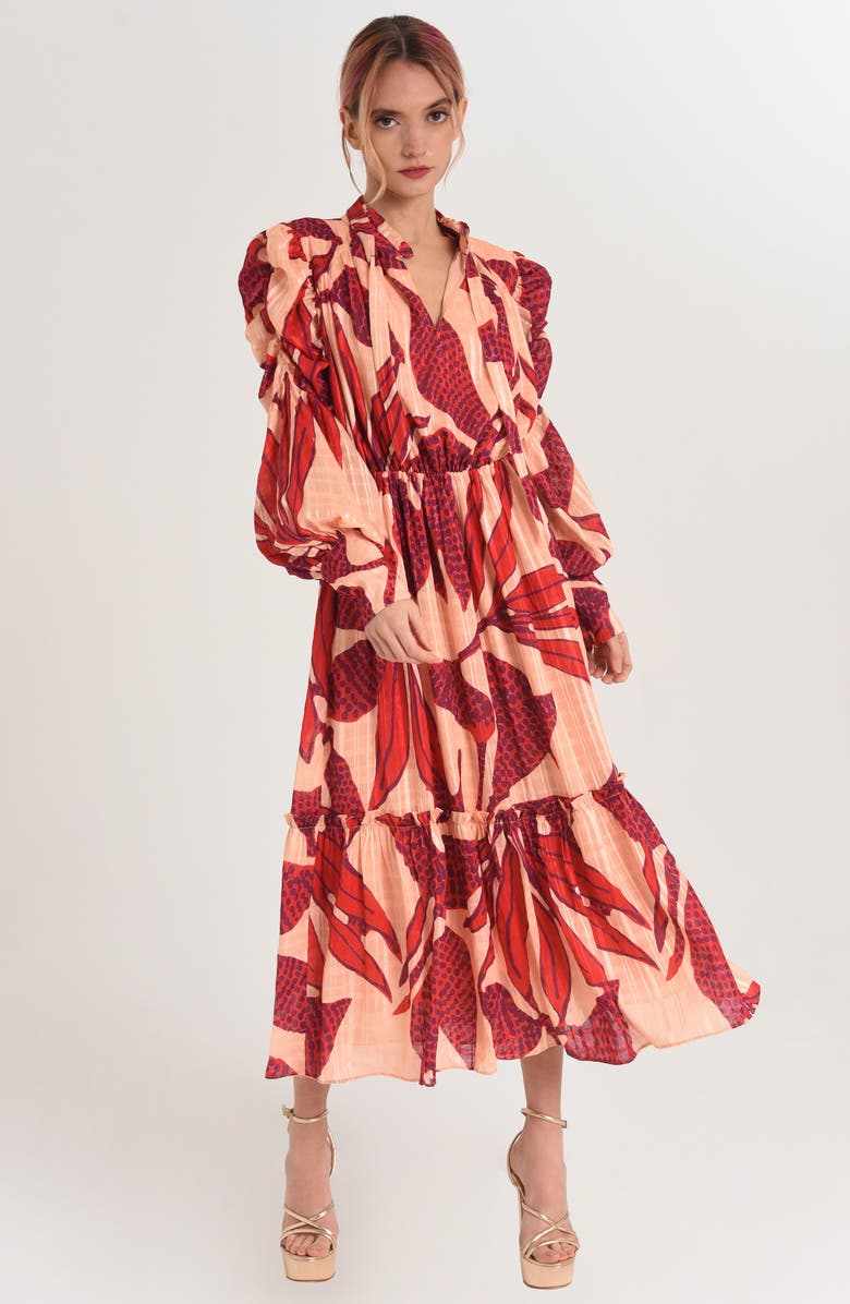 CIEBON Carla Floral Print Long Sleeve Midi Dress, Alternate, color, Red Multi