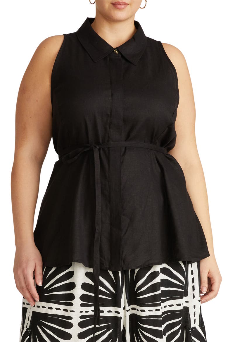 Adelaide Linen Blend Tie Waist Top, Main, color, BLACK