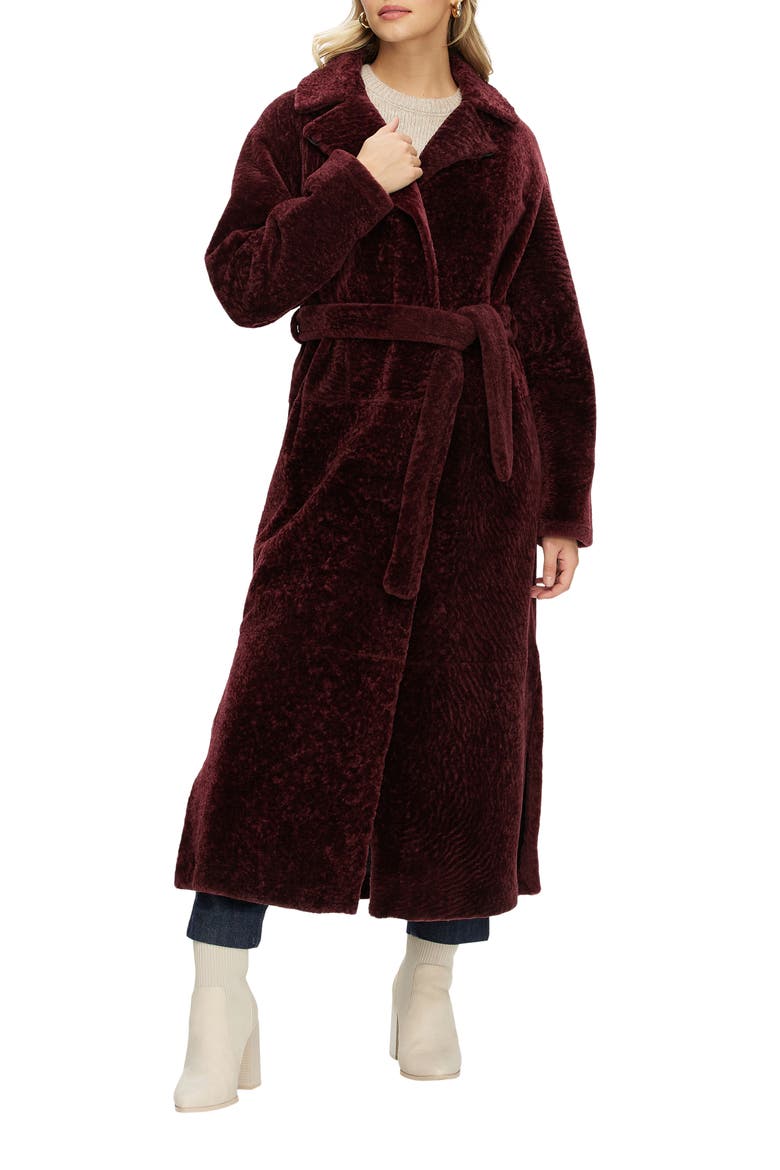 Reversible Textured Genuine Shearling Coat with Side Slits, Belt, Alternate, color, BURGUNDY/BLACK