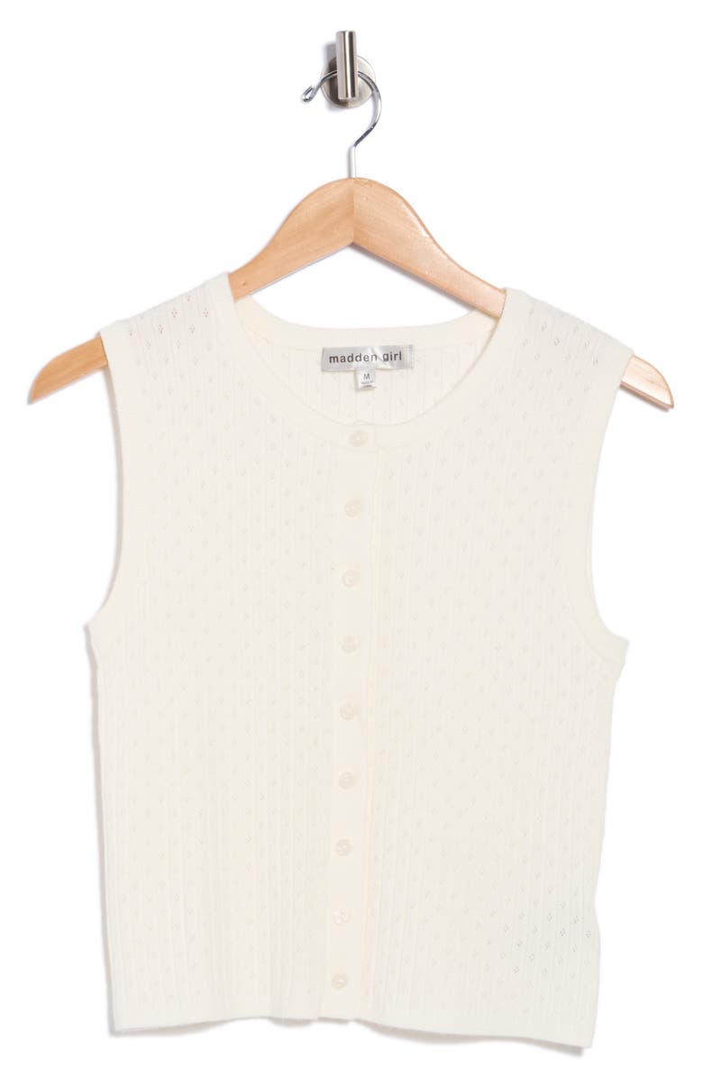 Madden Girl Pointelle Button Front Sweater Vest, Main, color, Ivory