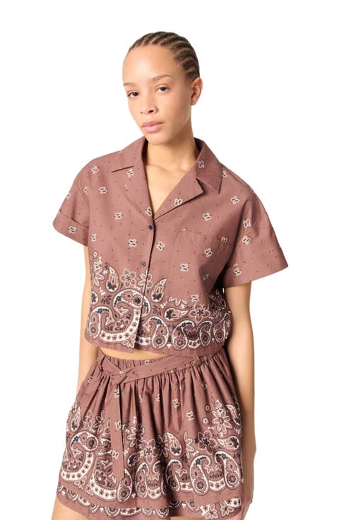 Patterned rhinestone cropped shirt