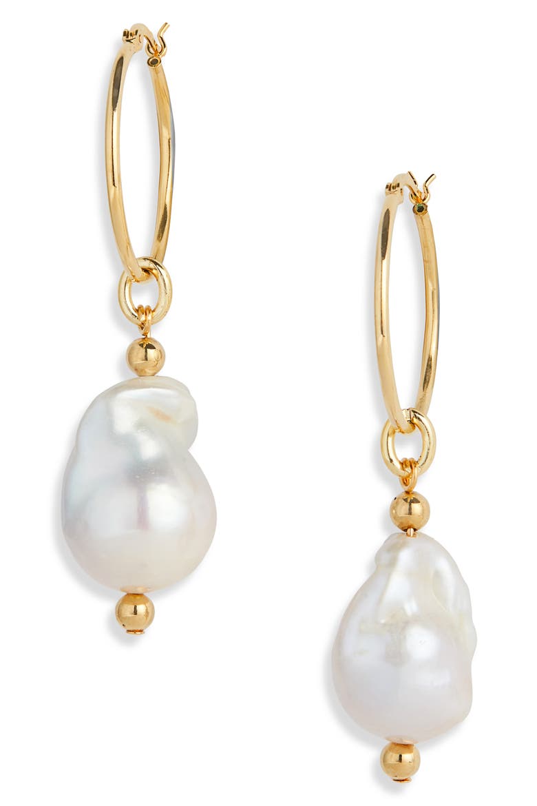Breaker Mini Hoop Pearl Earrings, Main, color, GOLD