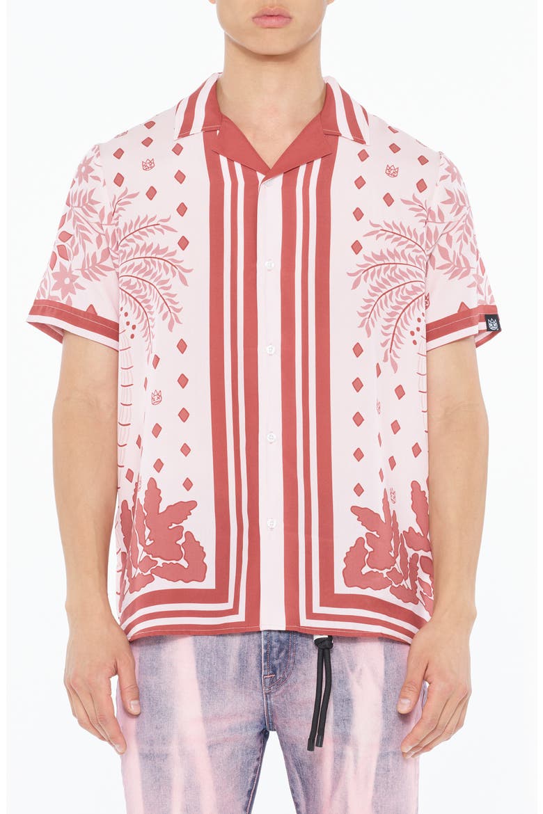 Border Print Short Sleeve Cotton Button-Up Shirt, Main, color, RETRO