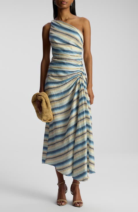 Carolyn Stripe One-Shoulder Linen Blend Dress