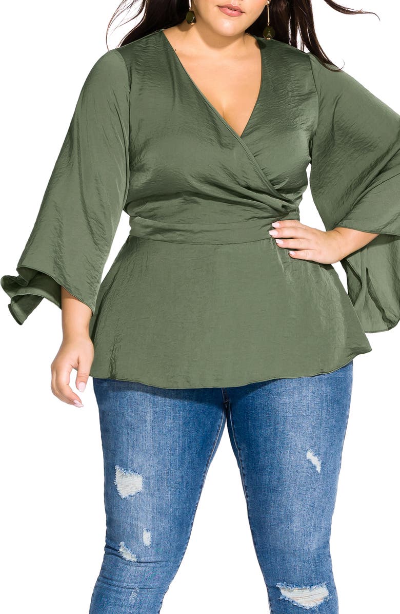City Chic Bell Sleeve Faux Wrap Top, Main, color, 