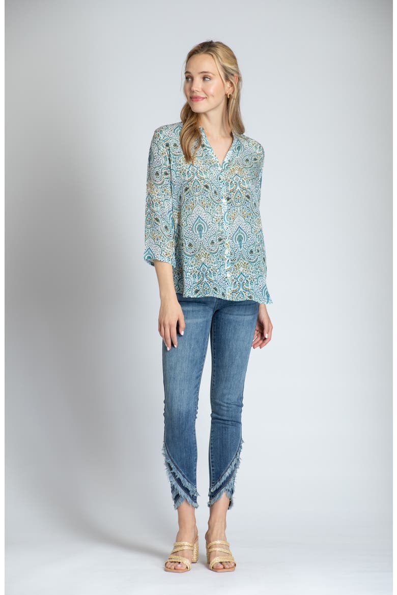 Print Mandarin Collar Chiffon Button-Up Top, Alternate, color, GREEN MULTI